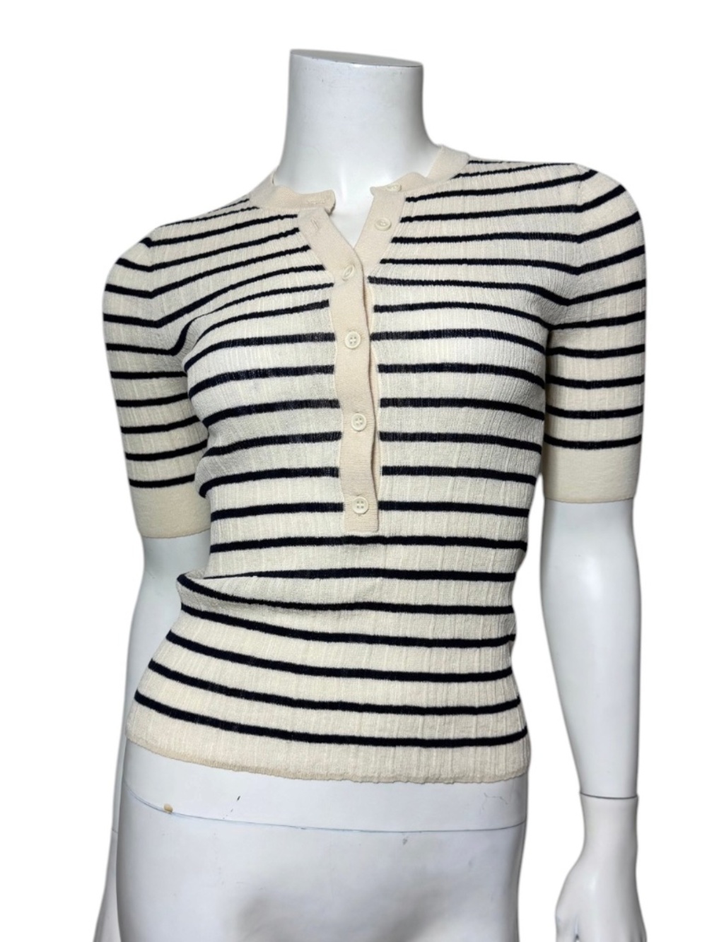 A.L.C. Fisher Striped Fine Knit Henley Top White Navy Cotton Blend XS $295